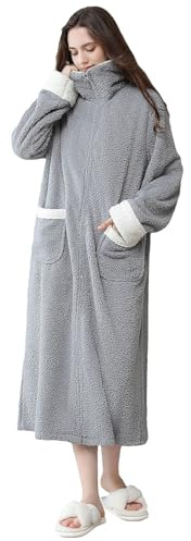 rismart Damen Plüschiger Bademantel Quadratischer Ausschnitt Voller Länge Hauskleid Damen Morgenmantel mit Reißverschluss