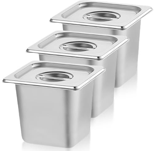 3 padelle per hotel in acciaio inox con coperchio, 1/6 in acciaio inox con coperchio (17,6 x 16,2 x 10 cm), resistenti al calore, impilabili, contenitori per buffet, catering e cucina