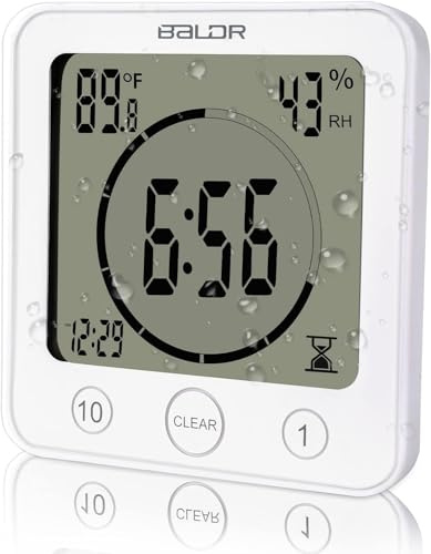 M.J COMFY-LIFE Digital Bathroom Clock with Alarm, Waterproof Shower Timer, Temperature & Humidity Monitor, Countdown Timer, 4 Mounting Options (Suction Cup, Magnet, Stand, Hanging Hole)