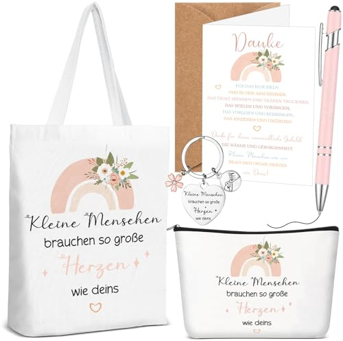 Xuniea 5 Dankeschön Geschenk für Lehrerin Tagesmutter, Große Herzen | Baumwolltasche, Make up Tasche, Schlüsselanhänger, Kugelschreiber, Dankeskarte mit Umschlag, Abschiedsgeschenk für Kita