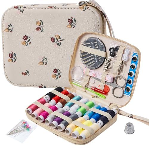 Kit de couture à impression florale pour loisirs créatifs, fournitures de couture professionnelles avec étui à couture à fermeture éclair, 87 pièces accessoires de couture de voyage pour urgence