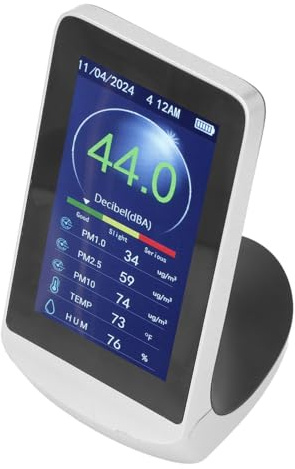 6 en 1 Medidor de Decibelios, Medidor de Ruido Digital Portátil con Detección de PM y Monitoreo Climático, Probador de SPL de Pantalla Grande Digital para el Hogar