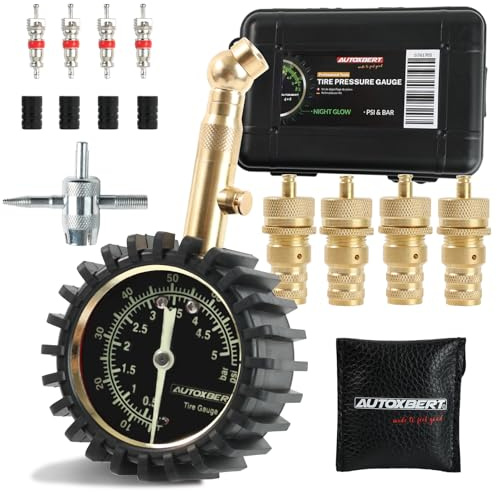 Reifendruckprüfer 5Bar 75PSI mit 4 Stück Automatisch Reifendeflatoren, 5cm Glow Zifferblatt Reifendruckmesser Set mit 4-in-1-Werkzeug 4xVentileinsätze 4xVentilkappen für Fahrrad Motorrad Autos SUVs
