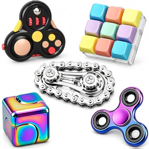 5 Stück Fidget Toys Set für Kinder Erwachsene, Sensory Pack mit Fidget Slider Fidget Cube Pad Finger Fahrrad Kette, Coole Gadgets Schreibtisch Handkreisel Party Geschenk