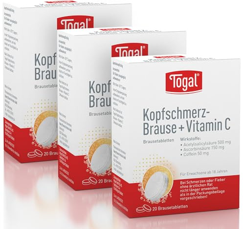 Togal Kopfschmerz-Brause + Vitamin C zur Behandlung bei leichten bis mäßig starken Schmerzen, schnelle Schmerzlinderung, mit Wirkverstärker Coffein und Vitamin C, 3x 20St Brausetabletten