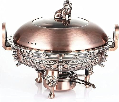 JKJZSALJ Set da Buffet Chafing Dish,Portavivande E Scaldavivande Rotondi con Teglie per Alimenti,Supporto in Alluminio,Coperchio della Pentola Visibile E Porta-Combustibile,AC,Brass