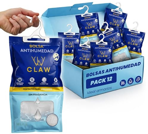 Pack de 12 Bolsas Antihumedad 1.20KG Armario Ropa – Deshumificador Percha Colgante Garaje – Elimina malos Olores - Absorbente Humedad Trastero