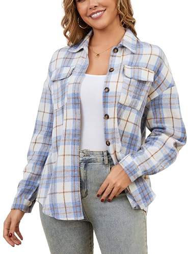 Enjoyoself Chemisier Carreaux Femme Coton Chaud Thermal Chemise Bucheron Western Décontractée Classique Retro Ecossaise Coton Flanelle Blouse Gilet T Shirt Taille Grand Casual Bleu Clair M