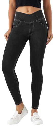 LaiEr V Crossover Skinny Jeans Donna Vita Alta Controllo Pancia Leggings Fitness Casual, Elasticità Morbida Stampa Denim Finto Casual con Tasche Laterali.(Nero M)