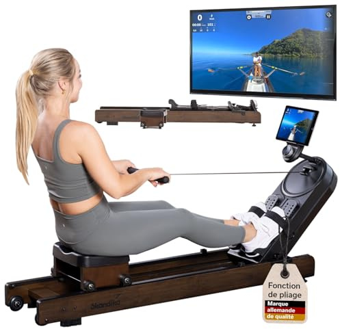 Skandika Roddmaskin Rovek | roddmaskin trä för hem, magnetmotstånd med 32 steg, 6 kg svängmasssystem, kompatibel med Kinomap-appen, justerbar, upp till 195 cm (mörkbrun)