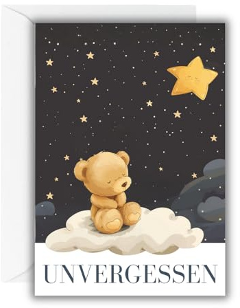 WBdesignz Kindertrauerkarte „Unvergessen“ mit weißem Umschlag - liebevolle Sternenkind-Karte mit Teddybär- & Sternenmotiv - Beerdigung, Trost - Beileidskarte für Eltern, Familie & Freunde (DIN A6)