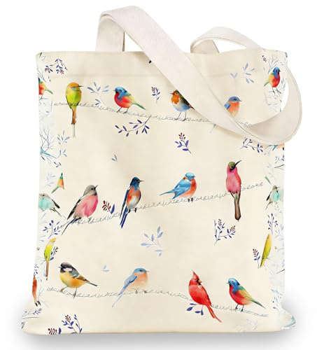 Cunegra Aquarell Stofftasche mit Vogelmuster, Vogel Tragetasche mit Reißverschluss und Innentasche, Vögel Stoffbeutel Bedruckt Einkaufsbeutel für Damen, Geschenke für Vogelliebhaber, 40×35cm