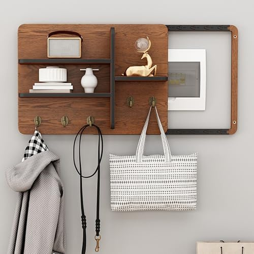 XCLOOZGL Cache Compteur Electrique avec Étagère Et Crochets, Cache Tableau Electrique Decoratif en Bois, Coffret D'habillage Tableau Électrique Art Mural pour Couloirs, Salons,Walnut,30x40cm