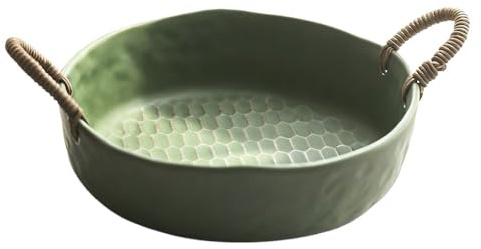 HLHLOP777 Cesto di frutta Fruttiera in ceramica con manici in rattan, piatto decorativo a nido d'ape for cucina e sala da pranzo Fruttiera per il bancone della cucina(Green,Piccolo)