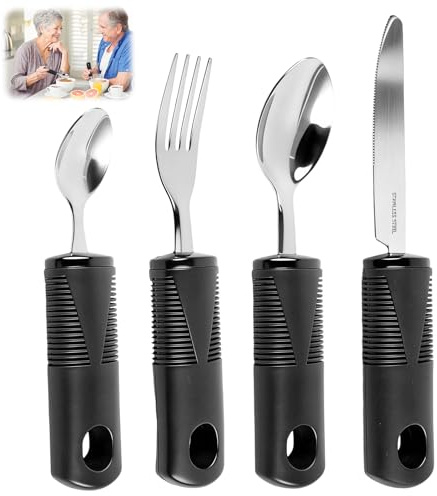 4 Piezas Utensilios Adaptativos con Mango Grueso, Cubiertos Adaptados | Cubiertos Ergonómicos, Utensilios Ponderados Fáciles de Agarrar, para Personas Mayores, Artritis, Parkinson, Discapacitados
