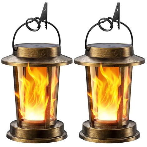 TuyLuxe Solar Laternen für Draußen, Solarlampen für Außen Hängend/Stehend | Flammeneffekt Gartendeko Warmweiß, IP65 Wasserdicht Retro Solarleuchten für Außen Garten mit Clips Bronzefarbig 2 Stück