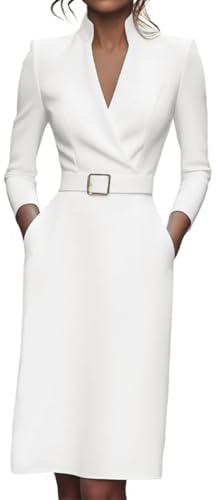 shownicer Abito Donna Scollo a V Manica Lunga Vestito Business Sera Cocktail con Tasche e Cintura A Bianco L
