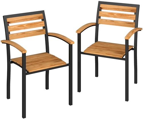 Outsunny Set 2 Sedie da Giardino Impilabili in Legno di Larice, Sedie per Pranzo da Esterno in Acciaio con Braccioli, Schienale a Doghe, per Patio Balcone Terrazza Esterno, 56x59x84 cm, Color Legno