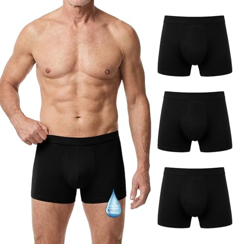 LOFIR Calzoncillos Incontinencia Hombre en Algodón: Bóxer Antifugas Urinarias Lavables y Reutilizables 150 ml para Mayores Pack de 3 Negro L