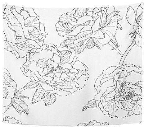Emvency Tapestry Grey Line Floral Black and White with Outline Rose Flowers Design Linear Home Decor Wall Hanging for Living Room Bedroom Dorm 50x60 inches