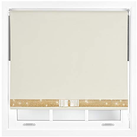 FURNISHED Diamante-Verdunkelungsjalousien mit Schleife – dekoratives Diamant-Glitzer-Design-Rollo, Creme, zuschneidbar bis zu 60W x 210L cm
