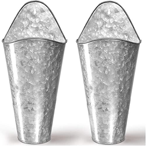 Hallops Galvanized Wall Planters - Two (2) Large Premium. Farmhouse Metal Hanging Vase. Rustic Decor. Tall Container for Flowers or Planets. Tin Style Bucket or Pocket