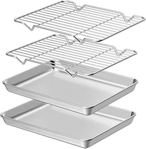 AIKKIL Backblech mit Abkühlgitter [2 Bleche + 2 Racks], Backblech aus Edelstahl-Backform mit Kühlregal, Ungiftig & Strapazierfähig & Leicht zu Reinigen（12inch）
