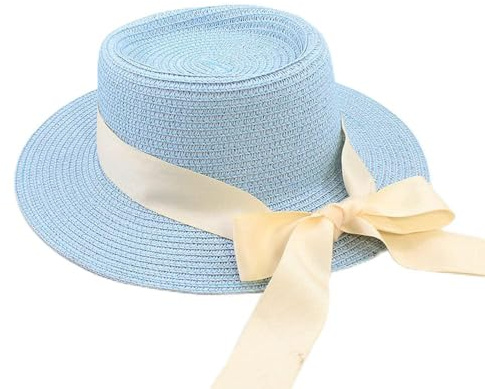 Sonnenhut Strohhut Hut Damen Sonnenhüte Frauen Mode Strohhut Band Schleife Strandhut Lässig Stroh Flache Zylinderhut-Hellblau