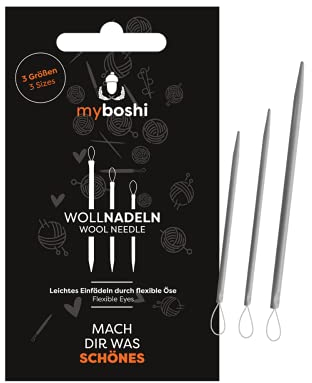myboshi Wollnadeln, 3er Set, flexible Ösen, Aluminium, für dicke und dünne Garne geeignet, 3 Größen: 7cm, 8cm, 9,5cm Grau, 5g