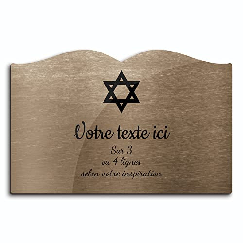 OCAP-FUNERAIRE.COM Placa Conmemorativa Grabada Funeraria, Rotulos Personalizados, Diseño de Cruz Judía Autoadhesiva, Modelo Libro (20x13 cm) 1-3 Líneas Bronce