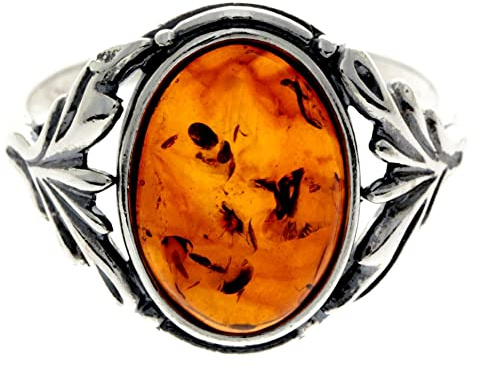 Silver Amber Jewellery AR1 Bague classique en argent sterling 925 et ambre de la Baltique Cognac véritable, N, Pierre précieuse, Ambre