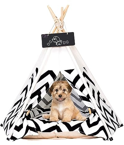 Tipi Zelt für Haustiere Hundezelt Katzenzelt 60x60x70cm Haustierzelte Häuser mit Doppelseitigem Kissen Abnehmbar und Waschbar Haustierbett Wegklappen Haustier Hundebett Katzenbett