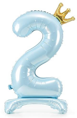 Ballon gonflable en forme de chiffre 2 - Avec pied - Taille XXL - Sur pied - Pour anniversaire d'enfant garçon - Bleu clair avec couronne dorée - 84 cm