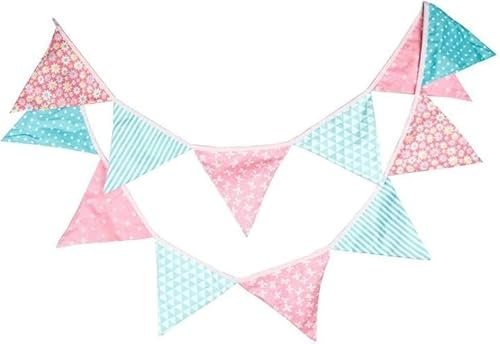 Aeromdale Wimpelkette aus Baumwolle, gemischte Wimpelkette, Vintage-Blumenmuster, Wimpelkette, rosa und blau, dreieckig, Girlande für Hochzeit, Geburtstag, Party, Outdoor, Heimdekoration, 3 m
