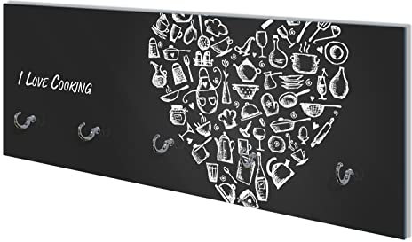 Wallario Wandgarderobe aus Glas in Größe 80 x 30 cm mit Memoboard-Funktion, Motiv: I Love Cooking - Herz aus Küchenutensilien in schwarz weiß | 5 Kleiderhaken zum Aufhängen von Jacken