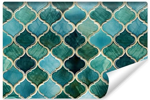 Muralo - 3D Non-Woven Wallpaper - Photo Wallpaper 3D Effect - Wallpaper for Living Room Bedroom Wallpaper - Photo Wallpaper - Moroccan Mosaic in Turquoise Motif - Width 152.5 cm x Height 104 cm