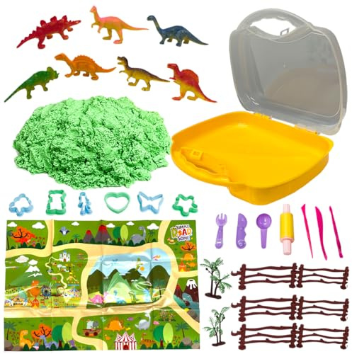 Koolbitz 2-in-1 Magic Play Sand Set and Play Mat - 1Kg Non-Sticky Sand with 33Pcs Moulds, 7 Dinosaur Figures, Tools, Play Mat and Carry Case - Mess-Free Creative Activity Toy for Boys and Girls Age 3+