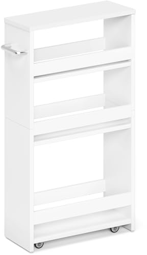 MARTY White Slim Storage Cart with Wheels, 4 Tier Rolling Utility Cart with Handle Slide Out Shelving Unit Organizer Trolley for Laundry Kitchen Bathroom Narrow Places Small Corner
