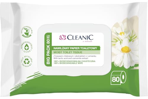 Cleanic - Carta igienica umidificata - Con Estratto di Camomilla - Carta igienica lavabile - Salviette umidificate per la pulizia intima - Delicate per la pelle sensibile - 80 Pezzi