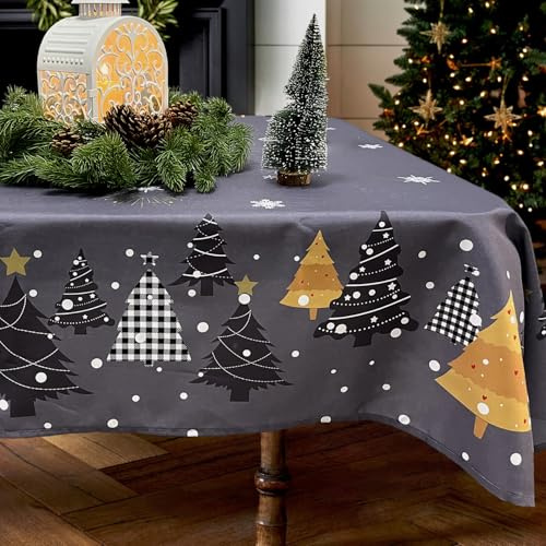 Zmorfiya Weihnachten Tischdecke, Dunkelgrau Abwaschbar Tischdecke 150x300cm, Wasserabweisend Tischtuch mit Schneeflocke Tannenbaum Feuerwerk, Rechteckig Tischwäsche Deko für Winter Party