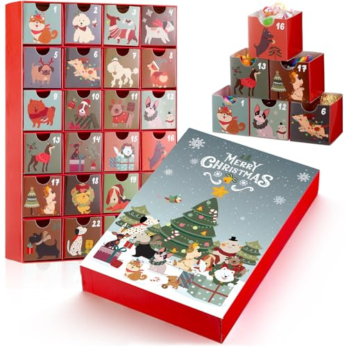 Watersay Calendario dell'avvento 2024 con cani, riutilizzabile, vuoto, con 24 cassetti, conto alla rovescia per 24 giorni, calendario natalizio per gli amanti dei cani (colore rettangolare)