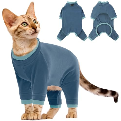 Katze Kleidung, Katzenbody Nach Op Postoperative Kleidung für Katzen Body Operation Recovery Anti-leckende Langarm 4 Beine Einteiler Katzenbekleidung Shirts 4-beinige(Blau-grau, L)