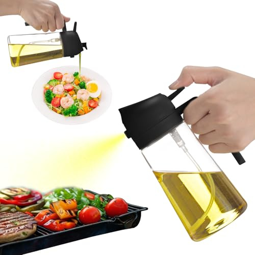 Dispensador de aceite de oliva 2 en 1 de cristal premium, sin goteo, atomizador de aceite para cocina, cocina, ensalada, barbacoa, Negro, 470 ml