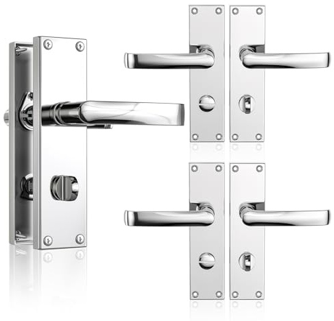 Bwintech 3 Pairs Lever Latch Flat Polished Chrome Door Handles,Classic Victorian Straight Design,with Bathroom knob,Ideal for All Types of Wooden Door,Internal Doors Bathroom