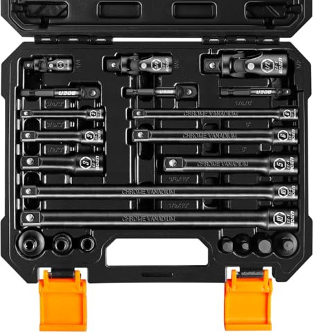 BOEN 21 Piece 1/4 & 3/8 & 1/2 Drive Tool Accessory Set, Includes Socket Adapters, Extension Bars, Swivel Universal Joints, Impact Bit Holders and 1/4 Hex Shank
