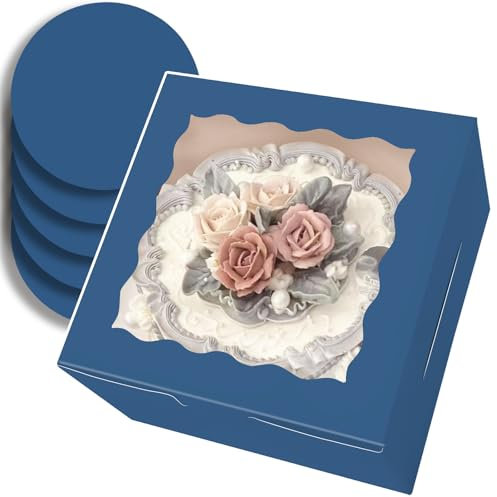 Gcardist Lot de 5 boîtes à gâteau de 20,3 x 20,3 x 12,7 cm, avec fenêtre et 5 lots de planches rondes à encre bleue de 20,3 cm, récipient à gâteau de 20,3 cm