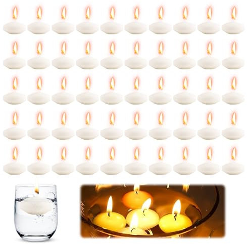 WANDGU 50 Candele Galleggianti 3.8x1.5cm in Stearina Premium, Senza Gocce e Senza Fumo - Candele da Tè con Durata 4 Ore per Decorazioni Nuziali, Centrotavola, Spa e Giardino (Luce Calda)