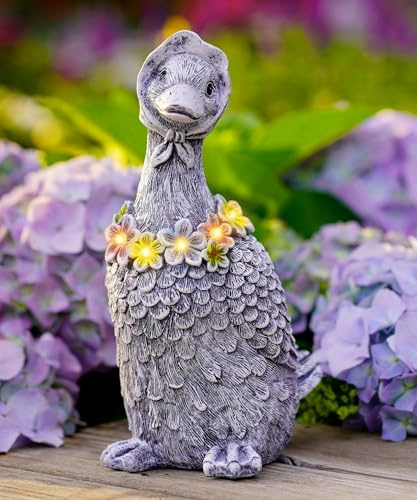 Goodeco Solarbetriebene LED-beleuchtete Gans-Gartenstatue mit floralem Kopfschmuck und Schal, wasserdichte Outdoor-Dekoration für Terrasse, Balkon, Hof, Dekoration, einzigartiges Geschenk für Mutter