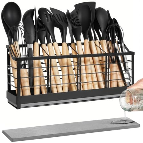 buysigo Großer Küchenbesteckhalter mit Diatomit-Boden – Wandmontierbarer Utensilienhalter mit 4 Fächern – Schnelltrocknender Organizer aus Metall in Mattschwarz für Arbeitsplatte oder Wand