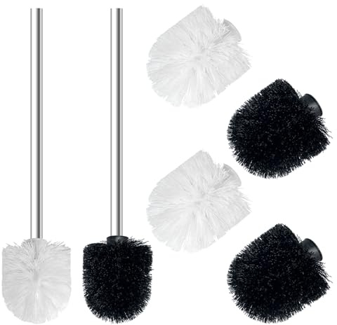 2 Pcs Cepillo Inodoro de Acero Inoxidable con 4 Escobillas Baño Repuesto, Escobillas de Baño para Baño y WC, Diseño Ergonomico, Fácil de Limpiar, Elegante y Durable (Blanco Negro)